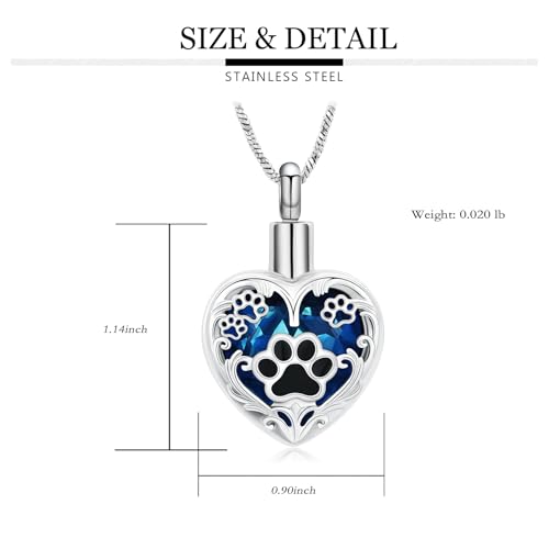 Yinplsmemory Pet Urn Necklace Pendant Jewelry for Dog Cat Memorial Crystal Heart Cremation Jewelry with Paw Print Ashes Keepsake Funeral Jewelry - color: Silver-blue