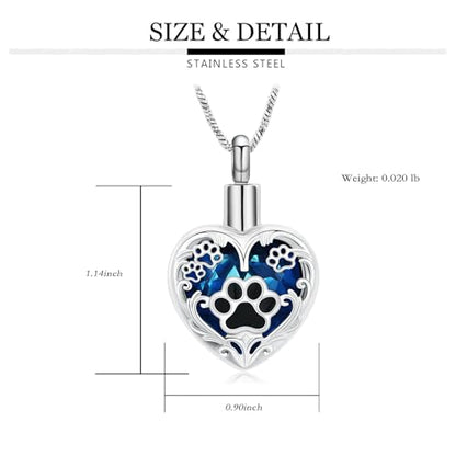 Yinplsmemory Pet Urn Necklace Pendant Jewelry for Dog Cat Memorial Crystal Heart Cremation Jewelry with Paw Print Ashes Keepsake Funeral Jewelry - color: Silver-blue