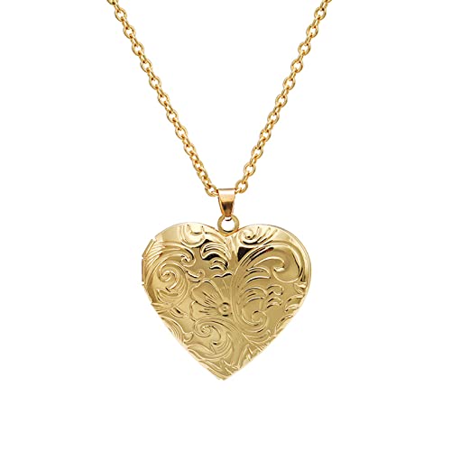 Caiyao Vintage Engraved Flower Empaistic Photo Locket Hold Picture Oval Round Pendant Necklace Antique Carved Pattern Souvenir Memorial Clavicle Jewelry for Women - color: gold heart