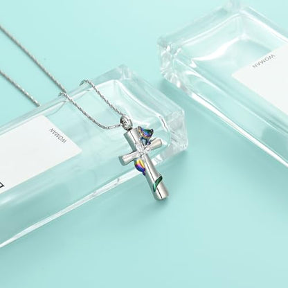 Cross Urn Necklaces for Men Women Cat Butterfly Cremation Jewelry for Ashes Stainless Steel Pet Memorial Ashes Pendant Keepsakes Jewelry - color: Rainbow