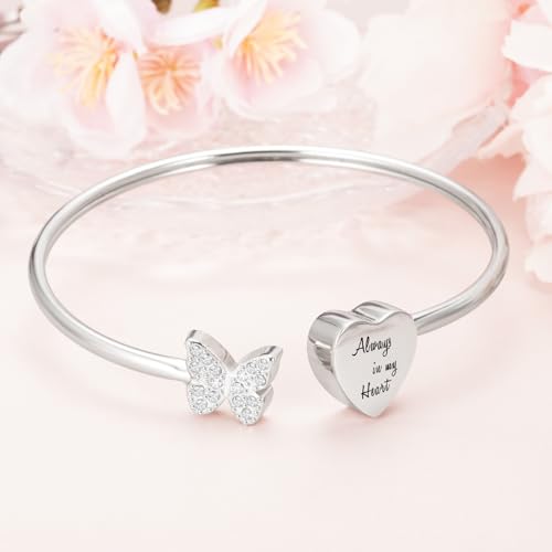 Abooxiu Cremation Jewelry Urn Bracelet for Ashes - Heart Ashes Keepsake Memorial Bangle for Women & Men - Always in my Heart - style: Butterfly-Heart