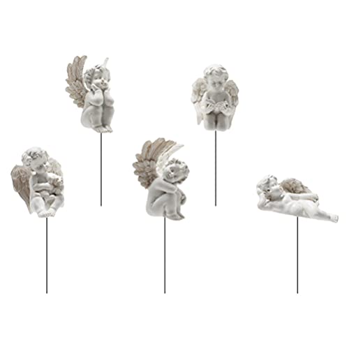Toyvian 5-Piece Angel Plant Stakes, Mini Cherub Figurines for Pots | Five white resin angels for potted plants, fairy gardens, miniature scenes and memorial planters; assorted poses - size: 7X3.5X3CM
