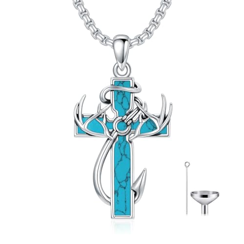 Cross Urn Necklace for Ashes Fish Hook Antler Cremation Pendant 925 Sterling Silver Nail Cross Memorial Jewelry Engraving Name Keepsake Gifts for Men Dad Husband - color: 1-Turquoise, style: 1-No custom