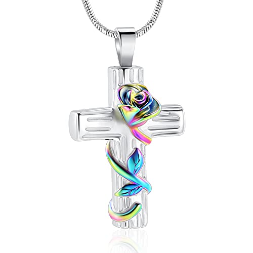 Rose Flower Urn Necklace for Ashes Stainless Steel Rose Flower Corss Memorial Cremation Jewelry Ash Keepsake Pendant Necklace for Women Men - color: Colorful