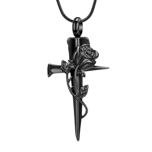 Imrsanl Cremation Jewelry Nail Cross Urn Necklace Pendant | For Humen Pet Ashes, Religious Cross Keepsake, Memorial Loved Ones Ash Holder, For Men Women - color: Rose Flower-Black