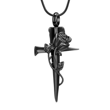 Imrsanl Cremation Jewelry Nail Cross Urn Necklace Pendant - color: Rose Flower-Black