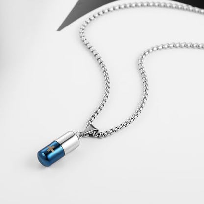 STWTR Stainless Steel Cylindrical Souvenir Capsule Pill Pendant Necklace, Cremated Ashes Pill Container Necklace - color: Blue