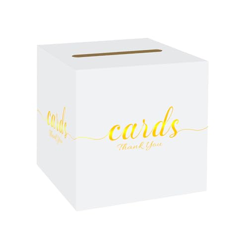 Wedding Card Box with Slot White Gold 7.8 in Baby Shower Party | Graduation, Birthday, Bridal Shower, Wedding Reception, Holds Cards & Envelopes, Gift Cards, Easy Assembly, Folds Flat - color: WhiteGoldThanks