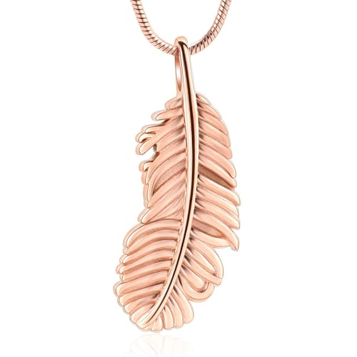 Cremation Jewelry Feathers Urn Necklace for Ashes Stainless Steel Memorial Keepsake Pendant for Women Men - color: Rose gold