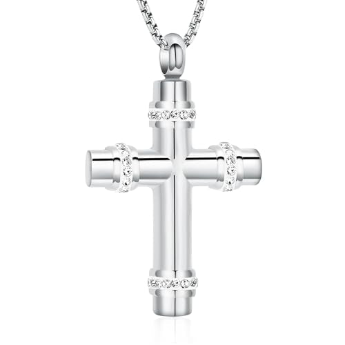 Urn Necklaces for Ashes Cross Cremation Jewelry for Ashes Memorial Ash Pendant with Hollow Keepsake Jewelry Gifts for Loss of Loved One with Funnel Filler Kit - color: A-Silver