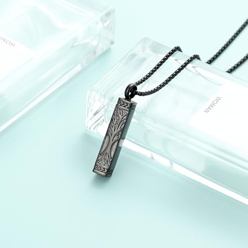 Tree of Life Urn Necklace, Stainless Steel Memorial Ashes Pendant | Tree of Life Cremation Jewelry Stainless Steel Locket Vertical Bar Keepsake Necklace Jewelry for Women Men Human Ashes - color: Black