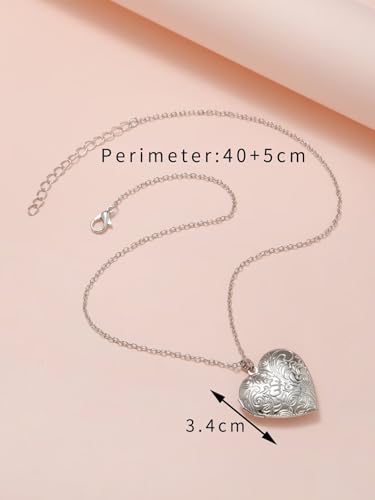DIY Heart Locket Necklace with Engraved Floral Design, Openable Photo Frame Pendant for Women, Adjustable Chain for Layering（Silve） - color: Silver