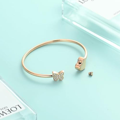 Heart Cremation Bracelets for Ashes Crystal Butterfly Urn Bracelets Stainless Steel Openable Cuff Bangle Memorial Keepsakes Jewelry for Men Women - color: Rosegold
