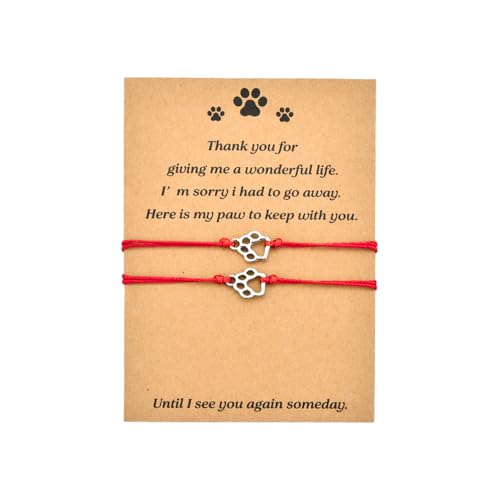 Memorial Bracelet for Pet Loss Sympathy Gifts Paw Print Friendship Bracelets for 2 Remembrance Gifts for Dog Cat Lovers - color: Red