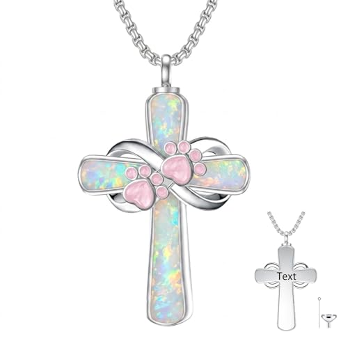 Turquoise Cross Urn Necklaces for Human Ashes 925 Sterling Silver Urn Necklaces Cremation Keepsake Memorial Pendant Necklace for Ashes for Loved One Human Pet - style: Paw Print&Pink-White opal-Text