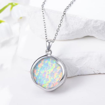 Urn necklace for Ashes 925 Sterling Silver Opal/Turquoise/Moonstone/Moss agate Pendant Cremation Memory Jewelry Keepsake Gifts for Women - style: Opal-round-cus
