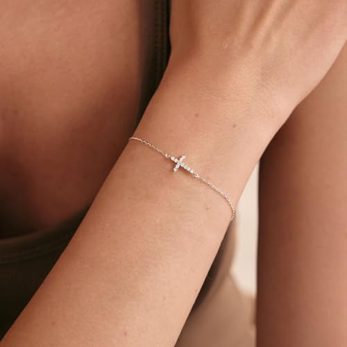Moodear Cross Bracelet for Women, Dainty Sterling Silver/Gold Plated Gift | Christian Religious Gifts for Teen, Stocking Stuffers, Adjustable Link Bracelets, Sparkling CZ Cross, Non Tarnish Jewelry - color: CZ Silver Cross Bracelet