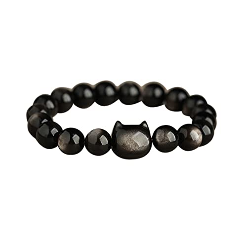 Pingyongchang Natural Black Obsidian Bracelet, Crystal Cat Beaded Bracelets for Women Men, Stretch Bracelet 8mm Stretch Elastic Bracelets - color: silver