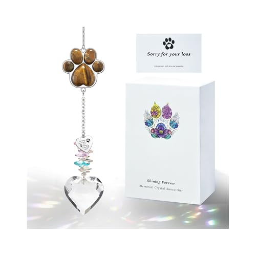 Dog Memorial Gifts, Pet Memorial Suncatcher, Loss of Dog Sympathy Gift | Thoughtful Dogs and Cats Bereavement Remembrance Gifts, Natural Cat's Eye Stone Paw Crystal Suncatcher - color: Gold Tiger Eye