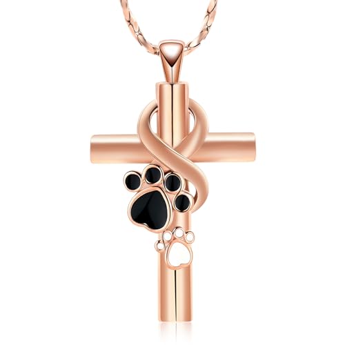 Paw Print Cremation Jewelry for Ashes for Pet Infinity Cross Urn Necklace for Ashes Stainless Steel Ashes Pendant Keepsake Memorial Jewelry for Dog Cat Ashes - color: rose