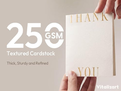 Vitalizart Foil-Stamped Thank You Cards with Envelopes 32 Pack 4.3" x 5.5" | 250 gsm Thick Textured Cardstock, Elegant Foil Design, Blank Inside for Business Wedding Bridal Shower Baby Shower Graduation - color: White Foil-Stamped, size: 32 pcs