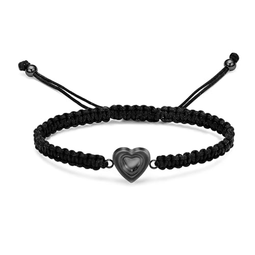 Urn Bracelet for Ashes Glass Heart Cremation Bracelet Stainless Steel Urn Bracelet for Ashes Manmade Braided Adjustable Rope Keepsake Memorial for Jewelry for Women Men - color: black