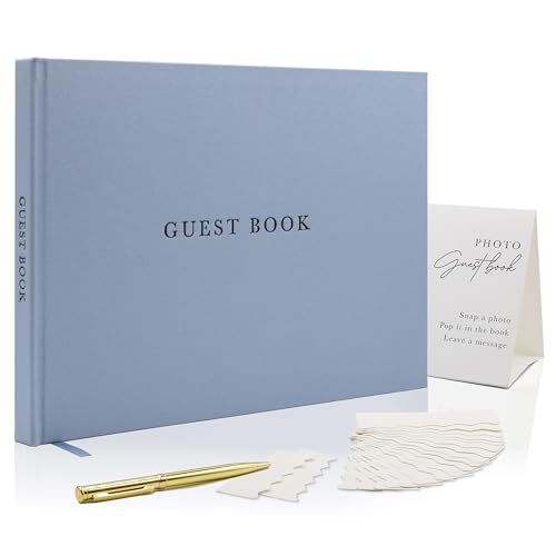 Real Linen Guest Book Set - 11.5 x 8.5 Embossed Guestbook for Weddings, Showers, Events, Blank & Lined, Comes with Sign, Pen, Box and Photo Sleeves, 120 Pages (Light Blue) - color: Light Blue