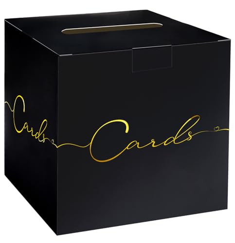 HEIPINIUYE Large Card Box for Party 9.8" x 9.8" Black Gift Card Box Holder with Gold Foil Design for Wedding Birthday Baby Shower Retirement Graduation Party Raffle Box - color: Black Card Box with Gold Foil
