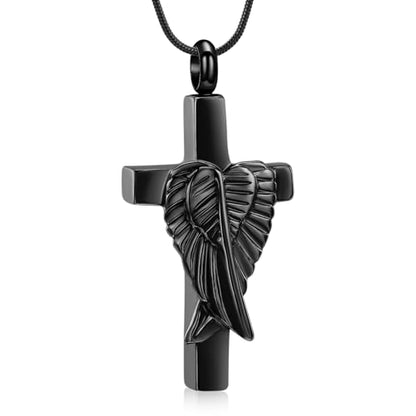 Cross Cremation Jewelry Urn Necklaces Cross Angel Wings Urn Necklaces for Ashes Memorial Keepsake Pendant for Women Men Gifts With Funnel Kit & Bag - color: Black