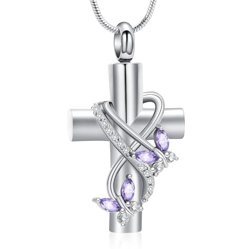 Urn Necklaces for Ashes Butterfly Cremation Jewelry for Ashes for Human Cross with Crystal Butterfly Memorial Ash Pendant Keepsake Jewelry Gifts for Loss of Loved One - color: Silver-purple