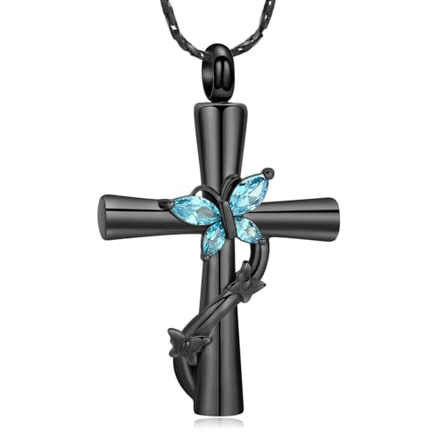Butterfly Cross Urn Necklace for Ashes Birthstone Cremation Jewelry for Men Women Ashes Pendant Keepsake Memorial Ash Jewelry - color: Black-Light blue