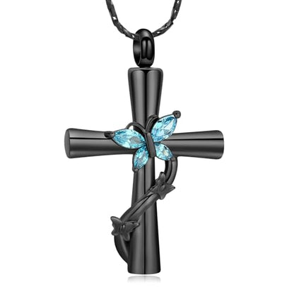 Imrsanl Cross with Butterfly Urn Necklaces for Ashes for Women - color: Black Light Blue