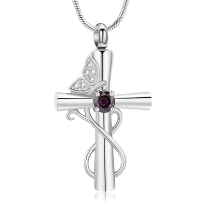 Butterfly Cross Cremation Jewelry Urn Necklaces Cross Butterfly Urn Necklaces for Ashes Memorial Keepsake Pendant for Women Men Gifts With Funnel Kit & Bag - color: Silver+Purple