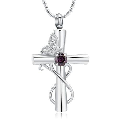 Butterfly Cross Cremation Jewelry Urn Necklaces Cross Butterfly Urn Necklaces for Ashes Memorial Keepsake Pendant for Women Men Gifts With Funnel Kit & Bag - color: Silver+Purple