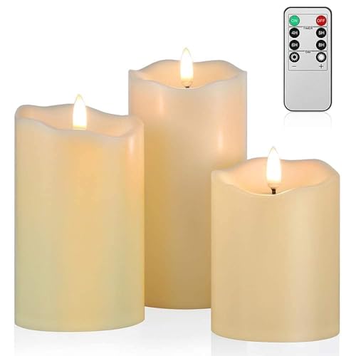 ANGELLOONG Flickering Flameless Candles with Remote, Fake Candles Set of 3 | Realistic Battery Operated Candles, LED Candle for Fall Room Home Wedding Decor Centerpieces Table Party Christmas Decoration - color: Classic Ivory