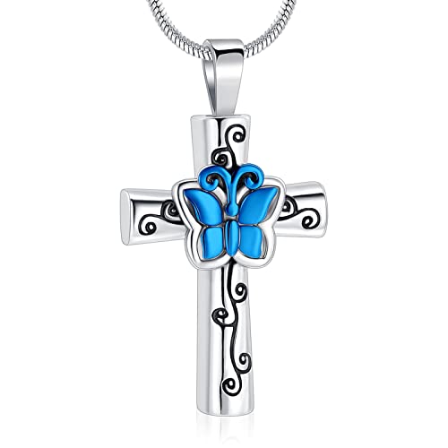 Minicremation Cremation Jewelry Cross Butterfly Urn Ashes Necklace for Women Men Loved One Memorial Ash Pendant for Human/Pet Funeral Keepsake Memorial Necklace - color: Blue