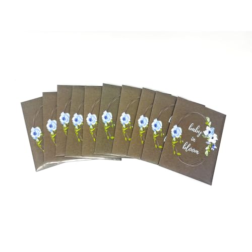 Digital Voyager Baby Shower Party Favors for Guests - Baby in Bloom Seed Packets - Blue Floral Accents and Greenery - Dark Brown - Already Filled - Pack of 20 - color: Blue