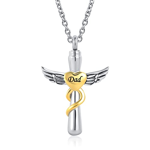 Cross Heart Angel Wing Urn Necklace for Ashes Men Women Cremation Keepsake Pendant Ashes Holder Memorial for Dad Mom Sister Brother Nana - style: Dad