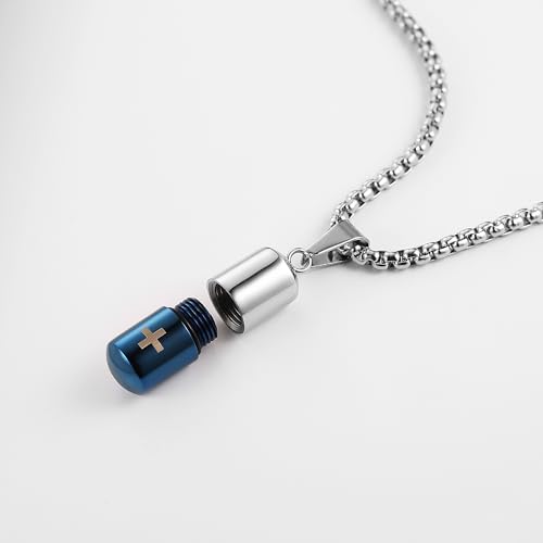STWTR Stainless Steel Cylindrical Souvenir Capsule Pill Pendant Necklace, Cremated Ashes Pill Container Necklace - color: Blue