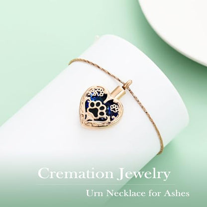 Yinplsmemory Pet Urn Necklace Pendant Jewelry for Dog Cat Memorial Crystal Heart Cremation Jewelry with Paw Print Ashes Keepsake Funeral Jewelry - color: Rose gold-blue