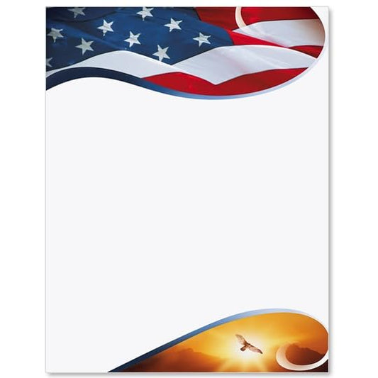PaperDirect Majestic Patriotic Eagle Border Papers, Stationery with American Flag, Soaring Eagle, Sunset and Mountains, 8.5 x 11, Acid-Free, Ideal for Letters, Flyers, Invites, Cards, 25 Sheets - color: Majestic Patriotic Eagle
