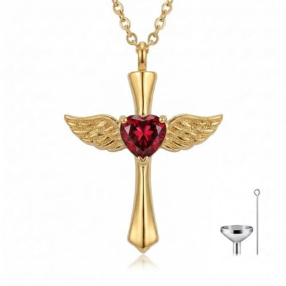 14K Gold Angel Wings Cross URN Necklace Cremation Necklaces for Ashes Embellished with Birthstone, Yellow Gold Fine Keepsake Memorial Jewelry - color: July Birthstone