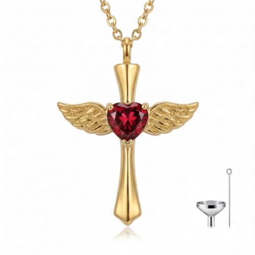 14K Gold Angel Wings Cross URN Necklace Cremation Necklaces for Ashes Embellished with Birthstone, Yellow Gold Fine Keepsake Memorial Jewelry - color: July Birthstone