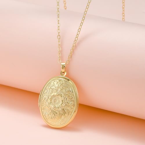 Vintage Engraved Flower Empaistic Photo Locket Pendant Necklaces Dainty Gold Silver Oval Round Heart Locket Hold Photo Picture Clavicle Chain Necklace for Women Men Souvenir Memorial Jewelry - style: Gold A