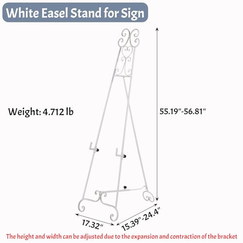 Heavy Duty Easel Stand for Wedding Sign, Adjustable Metal Display Easel | Durable metal, Scroll Design, Holds 56lbs, Adjustable Heightangle, Foldable Flat for Storage, White Matte Finish, No Assembly - style: Scroll-White