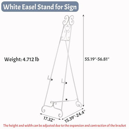 Heavy Duty Easel Stand for Wedding Sign, Adjustable Metal Display Easel | Durable metal, Scroll Design, Holds 56lbs, Adjustable Heightangle, Foldable Flat for Storage, White Matte Finish, No Assembly - style: Scroll-White