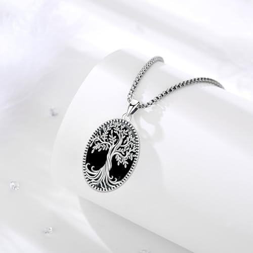 Sterling Silver Tree of Life Necklace for Women Oval Family Tree Necklace Abalone Shell Moonstone Pendant Mother Day Necklace for Mom Tree of Life Jewelry - style: Tree of Life-Black Obsidian(Oval)
