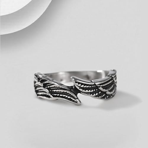 TIGRADE Antique Stainless Steel Ring Feather Angel Wing Cast Black Silver Band Size 4.5-14.5 - color: Black