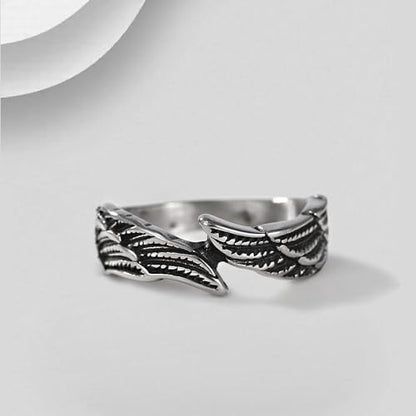 TIGRADE Antique Stainless Steel Ring Feather Angel Wing Cast Black Silver Band Size 4.5-14.5 - color: Black