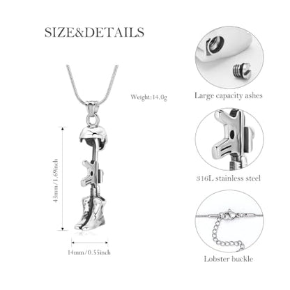 Cremation Jewelry Military Shoes Hats Guns Urn Necklace for Ashes Stainless Steel Military Equipment Pendant Memorial Necklaces Ash Holder for Human Pets Keepsake Jewelry of Loved Ones with Fill Tool - color: Silver